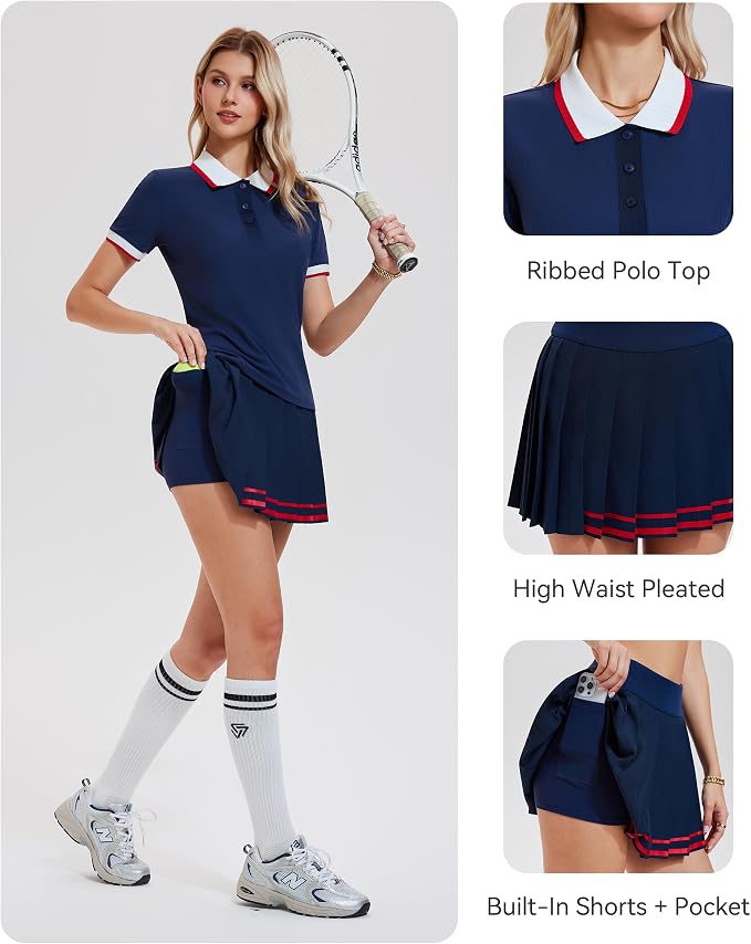 Mudere Golf Outfits for Women Tennis Skirt Set Polo Top Pleated Skort | Ribbed Short Sleeves, Built-In Shorts, Side Pocket, Nylon Spandex Blend, Pickleball Running Dress, Versatile Athletic Wear