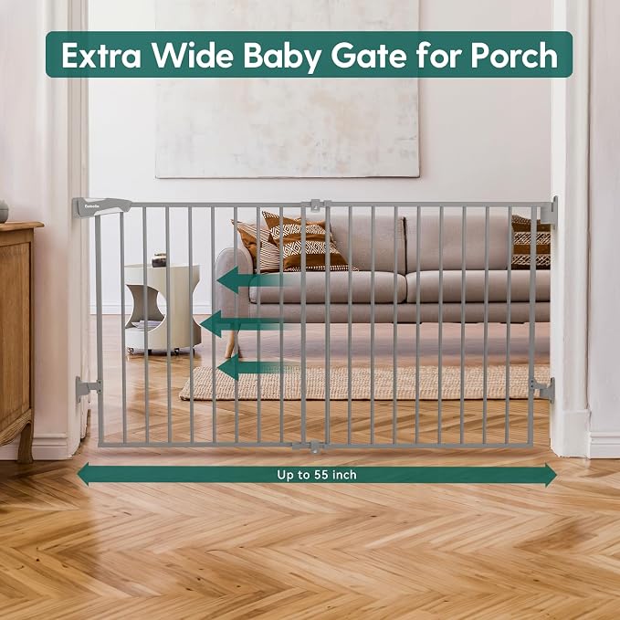 Babelio 31.5-55" No Bottom Bar Baby Gate Extra Wide, 2-in-1 Auto Close Dog Gate for The House, Stairs and Doorways, with Large Walk Thru Door, Grey