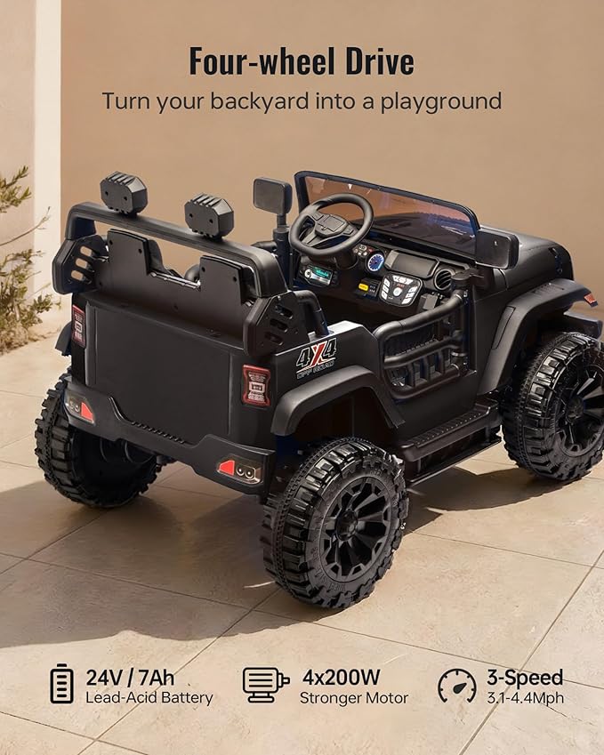 Outfunny 2 Seater Ride on Car Toy, 24V 4WD Electric Car for Kids 4-8 with Remote Control, 4x200W Motors, Capacity 150 lb - Black