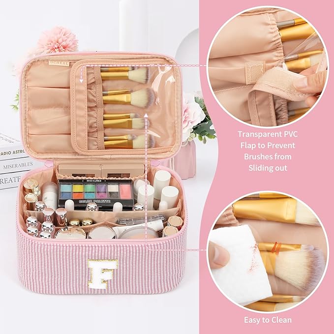 OCHEAL Makeup Bag Valentines Day Gifts for Women, Monogram Cosmetic Bag Pink Travel Makeup Case Beauty Toiletry Bag Organizer Personalized Gifts for Girls Bridesmaid, Sister, Wife, Friends Initial F