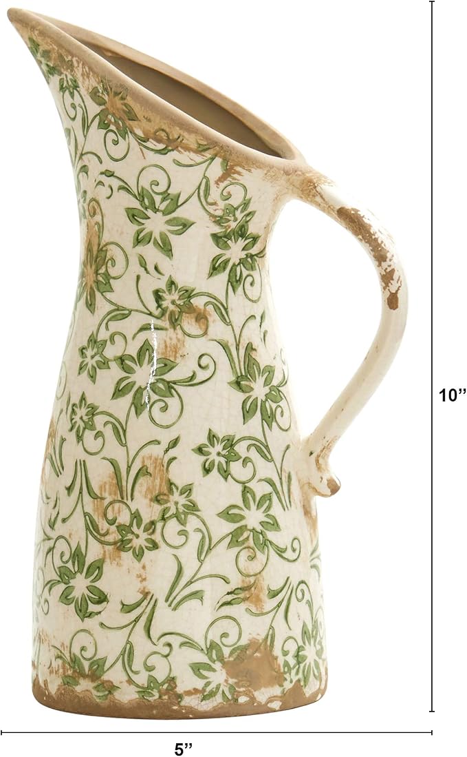 Nearly Natural 10 in Tuscan Ceramic Green Scroll Pitcher Vase | Artisanal Floral Design, Quality Ceramic, Versatile Centerpiece for Mantel or Entryway