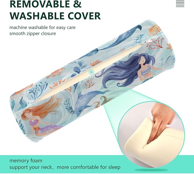 Watercolor Mermaid Dolphin Blue Neck Roll Pillow Bolster Round Health Memory Foam Long Cervical Cylinder Pillows with Removable Washable Cover for Body Bed Legs Back Yoga