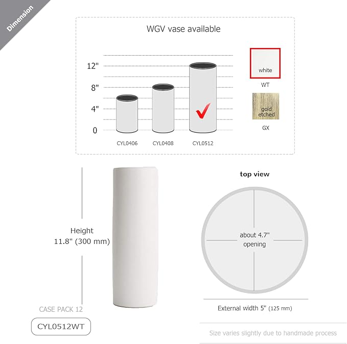 WGV Ceramic Cylinder Vase Bulk Width 5" Height 12" Elegant Unique Modern Matte Floral Container Planter Pot Centerpiece for Event Party Wedding Office Home Decor, Smooth White 6 Pieces