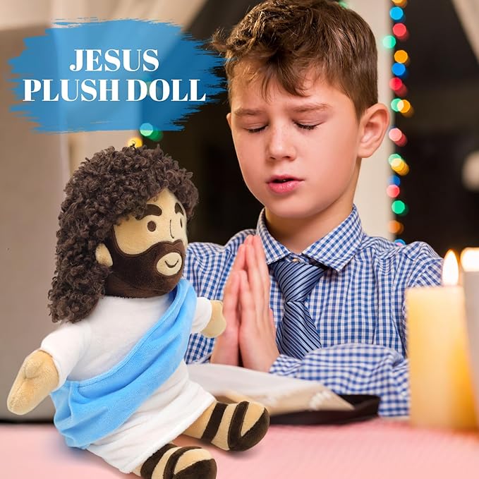Jesus Plush 11.8" Jesus Stuffed Doll Curly Hair Plushies Toys Christian Stuff Religious Party Favors Gifts Christmas Easter Decoration Brown