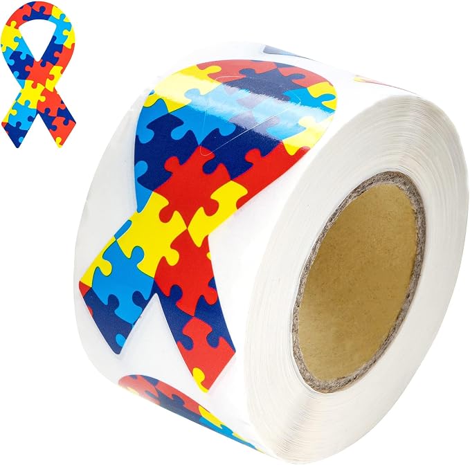 250 Small Autism Ribbon Stickers with Puzzle Pattern - Roll of Asperger’s Autism Awareness Stickers - Perfect for Events, and Fundraising
