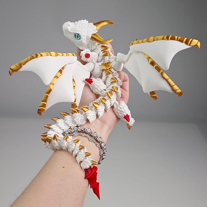 3D Printed Dragon with Wings,3D Printed Animals Toys, Fidget Dragon Toys, Flexible Articulated Winged Crystal Dragon Model,Desktop Pet Deco (White-Gold)