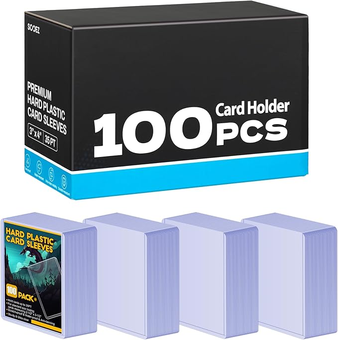 100 Count Card Sleeves Hard Plastic, Sooez 35PT Card Holder, 3" x 4" Baseball Card Protector, Rigid Card Case for Collectible Game Cards, Standard Size Trading Sports Football Cards