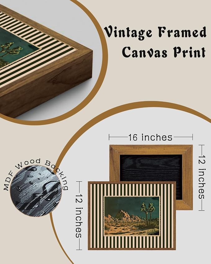 ZZLWBKGL Desert Canvas Art Boho Framed Wall Art for Living Room 12x16in | Vintage Western Artwork Southwestern Cactus Picture Mid Century Striped Paintings for Bedroom Study