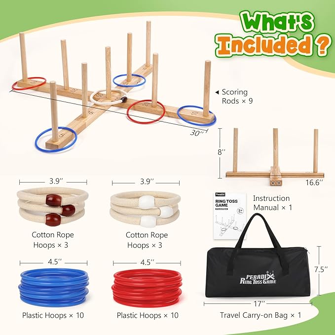 Peradix Ring Toss Game for Kids, Indoor & Outdoor Fun Holiday, Easy Setup & Magnetic Extension, Lawn Yard Games Outdoor Adults Family Party Backyard Beach Outside Game Toys, 26 Rings & Carrying Bag