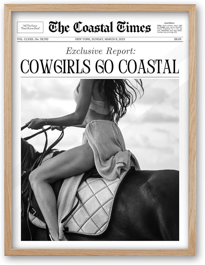 iHery 16x20in Cowgirls Go Coastal Framed Newspaper Wall Art | Natural OAK Wood Frame with Canvas Print, Western Horseback Decor for Bedroom, Dorm, Living Room and Gallery Wall, 1Pack