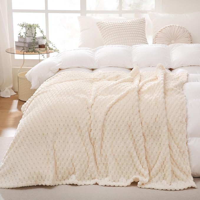 Cream White Throw Blanket 50"×60" inches Fuzzy 3D Jacquard Decorative | Flannel Fleece Super Soft Plush Cozy Blanket for Couch Sofa Chair Lightweight