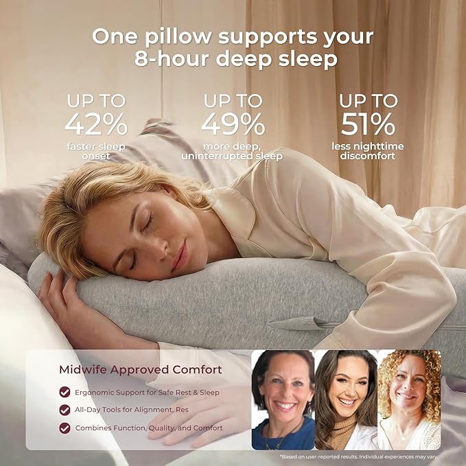 Momcozy Pregnancy Pillows for Side Sleeping, J Shaped Maternity Body Pillow for Pregnancy, Soft Pregnancy Pillow with Cotton Cover for Head Neck Belly Support, Gray