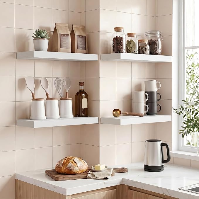 Fixwal White Shelves for Wall, 15.7in Rustic Wood Finish Floating Wall Shelves Set of 4, Shelves for Wall Decor, with Invisible Brackets for Bathroom, Living Room,Bedroom and Kitchen