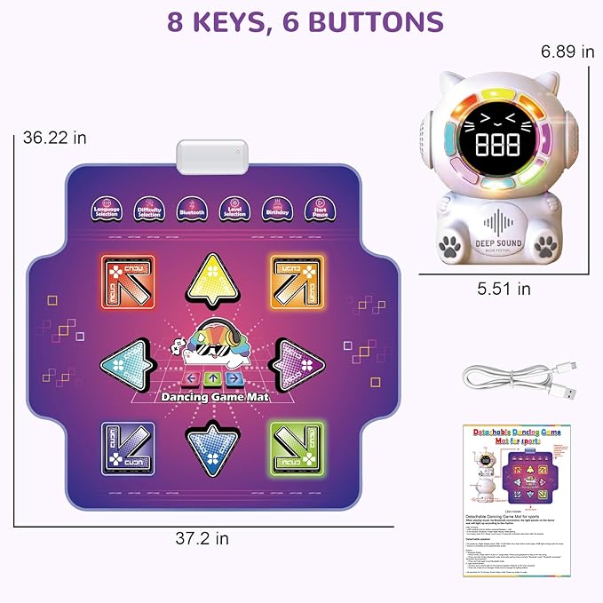 Mostop Dance Mat for Kids - Rechargeable Electronic Dance Pad with 8 Light-Up Keys & Cordless Bluetooth, Dancing Game Mat with 5 Game Modes, Girls Toys Music Games for Kids Ages 3-12