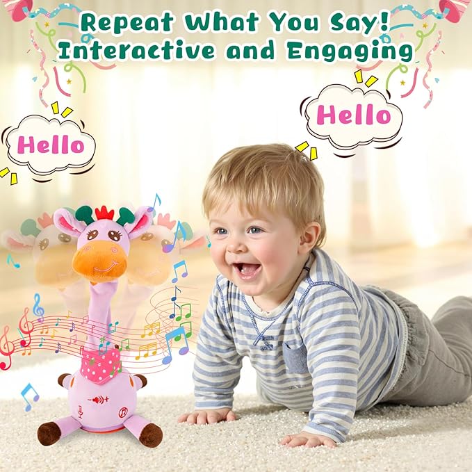 MIAODAM Dancing Giraffe Singing 10 Children's Song, Stuffed Baby Toy Repeats What You Say, Colorful Glowing Plush Interactive Toys (Purple Giraffe)