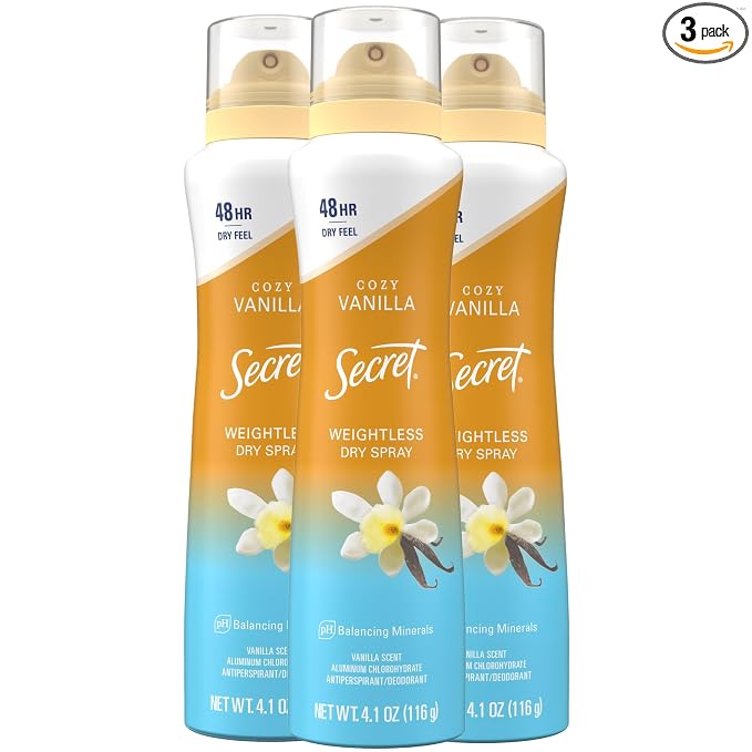 Secret Dry Spray Antiperspirant Deodorant for Women, 48hr Weightless Sweat & Odor Protection, Gentle on Skin, Cozy Vanilla Scent, 4.1 oz (Pack of 3)