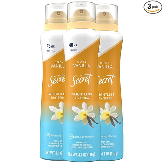 Secret Dry Spray Antiperspirant Deodorant for Women, 48hr Weightless Sweat & Odor Protection, Gentle on Skin, Cozy Vanilla Scent, 4.1 oz (Pack of 3)