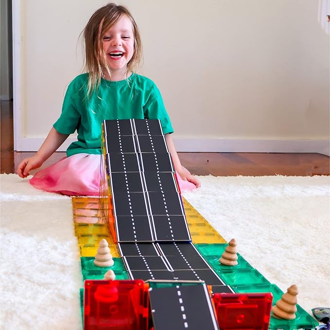 Learn & Grow Magnetic Tiles Road Toppers Set - 40PCs Road Expansion Pack (Tiles not Included), Magnet Car Play Accessories, STEM Building Toy - Construction Toys for Toddlers & Kids Age 3+