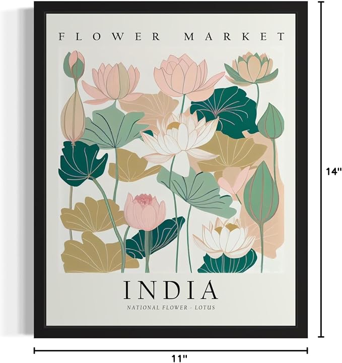 India, Lotus Art Print Poster, Flower Market Wall Art, Floral Artwork Decor for Bedroom, Kitchen, Bathroom, Livingroom Decoration 52 (India, Lotus, 14"L x 11"W, Unframed)