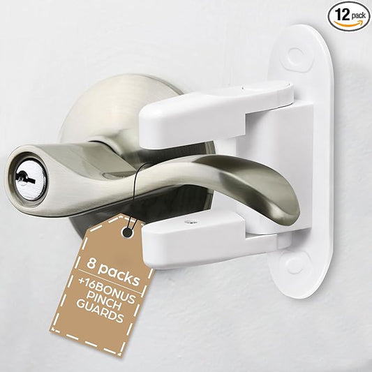 Gift Boutique Door Lever Lock (8 Pack) with 16 Bonus Pinch Guards, Child Proof Door Lever Locks for Toddlers, Easy Adult One-Hand Use, No Tools Installation, Strong Adhesive Child Proof & Home Safety