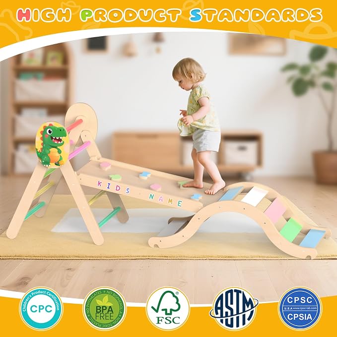 Acenova Pikler Triangle Climbing Set with Cushion and DIY Name Stickers, Montessori Wooden Climbing Gym for Toddlers, Indoor Jungle Gym, Dinosaur Pikler Triangle Arch Ramp Climber Toy