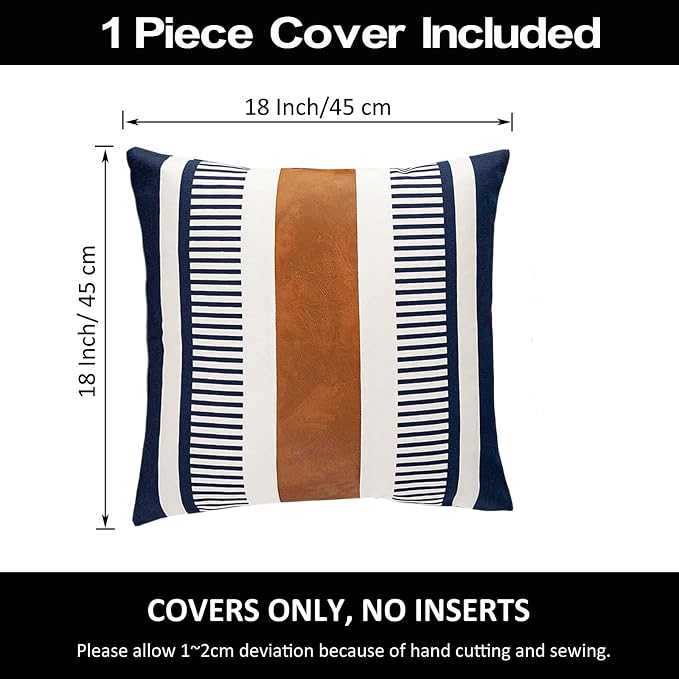 Farmhouse Throw Pillow Covers for Couch Sofa Decorative Faux Leather Square Cushion Cover Tribal Stripe Accent Pillow Case 18 x 18 Inch, Navy Blue