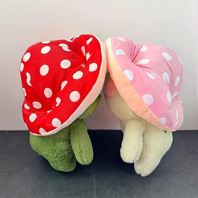 Frog Plush Cute Frog Mushroom Hat Stuffed Animals Kawaii Plush Toys Throw Pillow Home Room Decor Aesthetic Gift(Light Green Frog Red Hat)