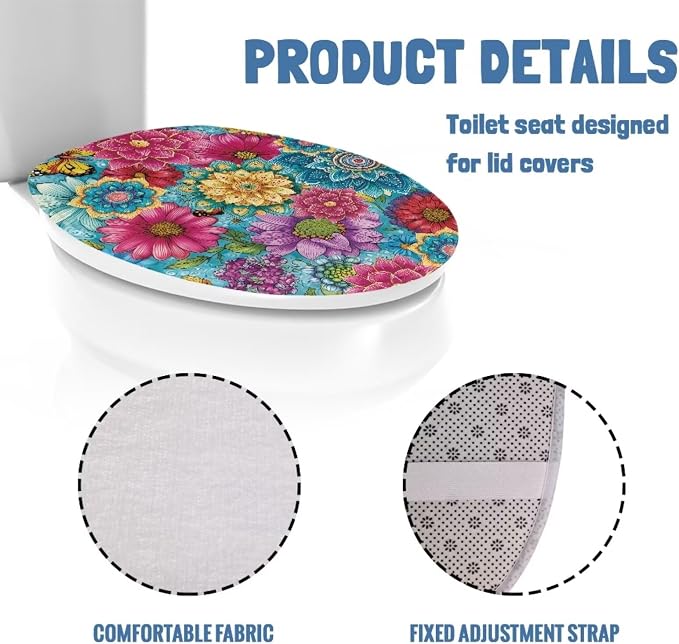 Hippie Lotus Toilet Seat Cover with Elastic Band for Bathroom Colorful Hippie Lotus Toilet Tank Dust Cover Soft Toilet Seat Cover Universal for Most Toilet Bowl Lids