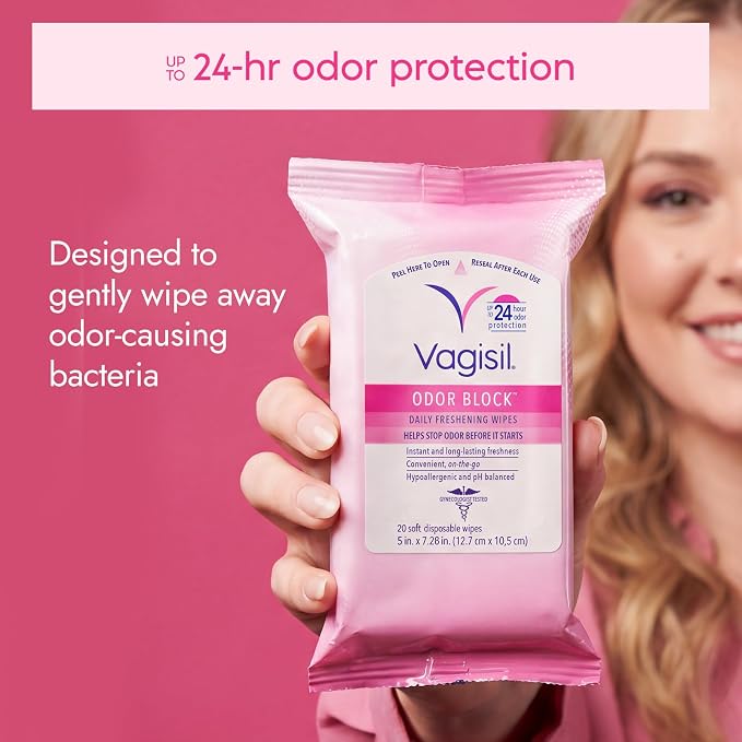 Vagisil Odor Block Daily Freshening Wipes for Feminine Hygiene in Resealable Pouch, Gynecologist Tested & Hypoallergenic, 20 Wipes (Pack of 3)