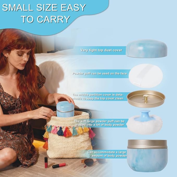 Shimido Body Powder Puff And Container, 3.15" Portable Empty Container For Baby Women's Loose Dusting Powder, Powder Case Box With Lids For Bath, Travel And Home Use (Aqua Blue)