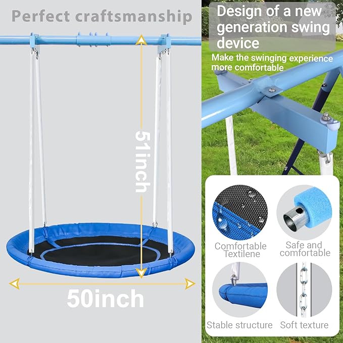 JYGOPLA 50-Inch Saucer Swing with Frame & Stand - Heavy Duty 600 lbs Capacity, Outdoor Swing Sets for Backyard Family Fun, Kids 3-12 & Adults, Easy Assembly (Blue)