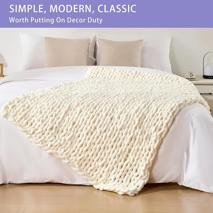 Bigacogo Chunky Knit Throw Blanket for Couch, 40x60 inches, Ivory | Hand Knit with Jumbo Chenille, Soft Breathable Cable Knit for Sofa Bed Living Room, Machine Washable, Gift for Mom Friend