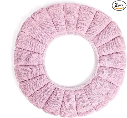 2 PCS Soft Thicker Plush Bathroom Toilet Seat Cover Pads Stretchable Washable Cloth Design for Universal Fit O/U/V/Rectangular Toilets (Lavender)
