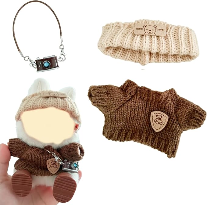 3 PCS Doll Clothes for labubu,17cm Dolls Outfit Accessories,for la-bubu Dolls/for la-bubu Outfit,Brown Sweater+ Small Camera+White Headband It's a Gift for labubu Enthusiasts and Collectors (No Doll)