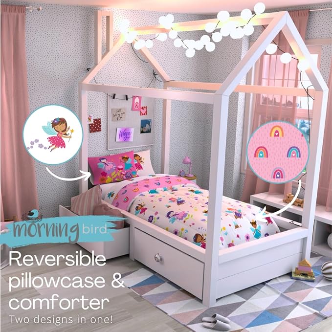 Morning Bird Princess Fairy Kids Bedding Super Soft & Cozy Reversible Microfiber Comforter and Sheet Set with Sham, 5 Piece Twin Size, By Franco
