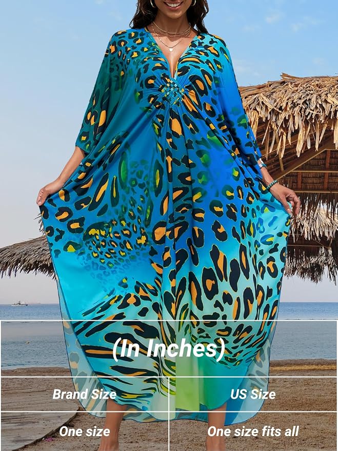 ChiaoLezhee Print Moo-Moos for Women, Kaftan Cover-Up Dresses, Sexy V-Neck High-Slit, Beach Pool-Party Coverups Muumuu Plus