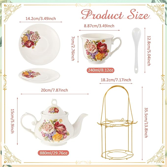 Zhehao 20 Pcs Porcelain Tea Set with Metal Holder and Spoon Adult Ceramic Tea Set European Flower Painting Teapot Cup Saucer Spoon for Women Mom Gift, Large Version (Groovy Style)