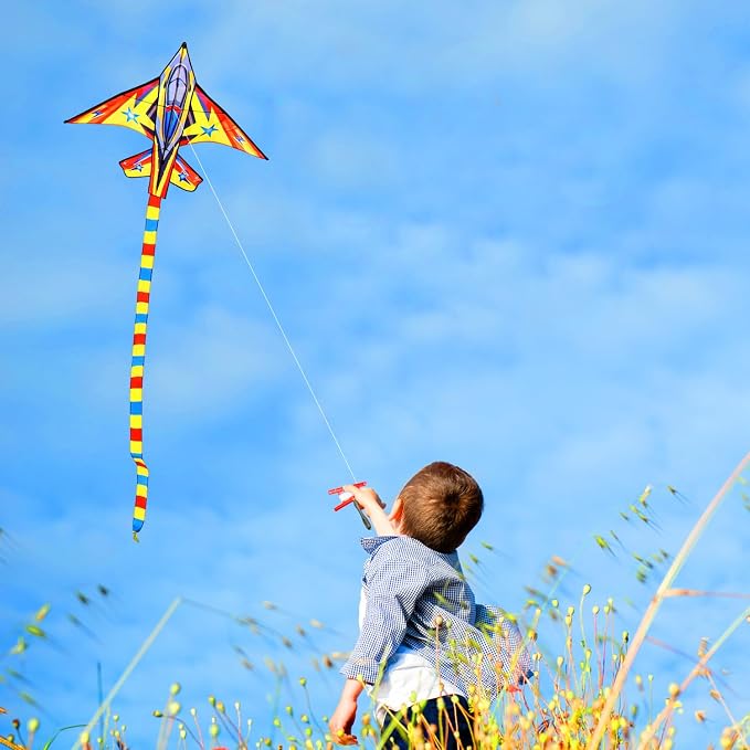HONBO 58" Fighter Plane - Kite for Kids & Adults, Easy to Fly, Beach Trip Beginner Kite with Reel and 200ft String