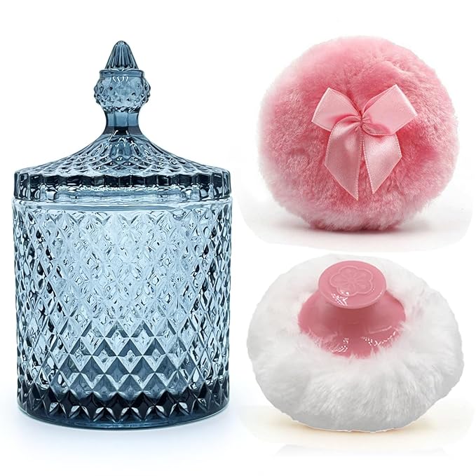 Luxury 4.2 Inch Glass Powder Container with 2 Plush Puffs｜Non-Sealed Organizer for Body Powder&Makeup｜Setting Loose Powder Applicator with Storage(Pointed Cylinder-Gray Blue-Large