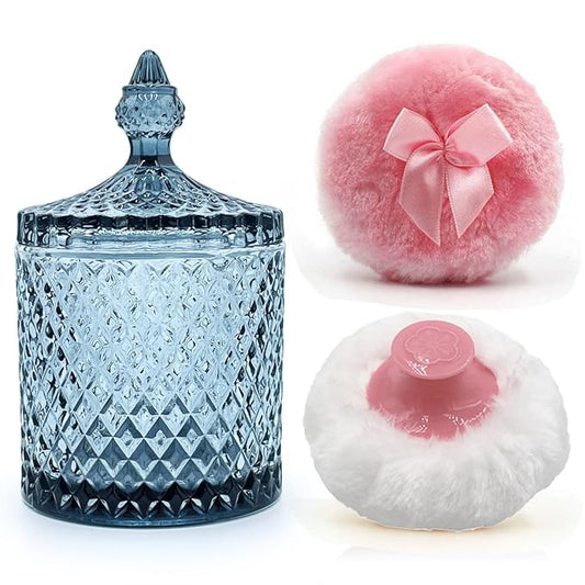 Luxury 4.2 Inch Glass Powder Container with 2 Plush Puffs｜Non-Sealed Organizer for Body Powder&Makeup｜Setting Loose Powder Applicator with Storage(Pointed Cylinder-Gray Blue-Large