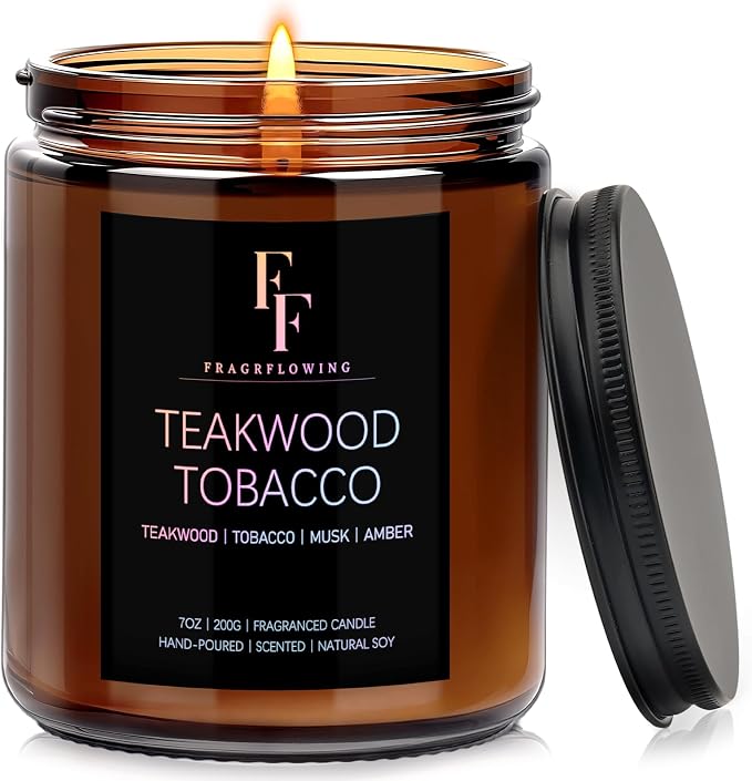 Teakwook Tobacco Scented Candle for Home Soy Wax Candle, Aromatherapy Candle Gift for Women Men, 7oz