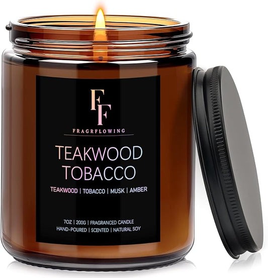 Teakwook Tobacco Scented Candle for Home Soy Wax Candle, Aromatherapy Candle Gift for Women Men, 7oz