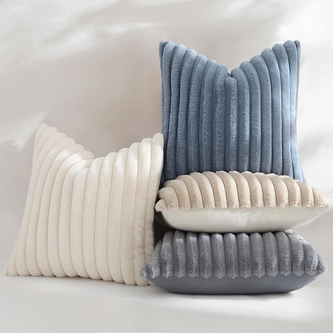 decorUhome Fall Faux Fur Throw Pillow Covers 22x22 Set of 2 Grey Blue | Decorative Soft Cozy Striped Plush Modern Farmhouse Boho Couch Pillow Cases Velvet Back for Sofa Bed Living Room Home Decor