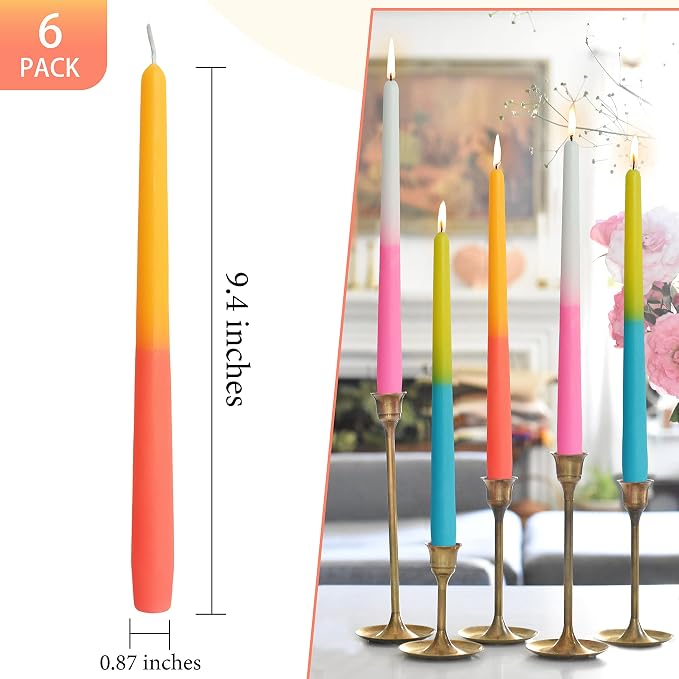 Pastel Taper Candles Set of 6 Rose Scented Candle Sticks Hand Poured Smokeless Two Tone Double Color Design 10 inch Long Candle for Wedding Dining Housewarming Gift Holiday Home Decor
