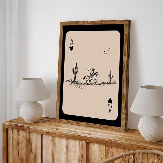 Western Cowboy Wall Art Vintage Southwest Wall Decor Painting, Western Playing Card Canvas Prints, Retro Cactus Sketch Artwork for Bedroom Living Room 16x24 inch Wood Framed