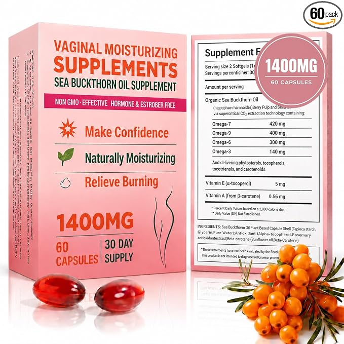 Vaginal Moisturizing Supplement for Women, Sea Buckthorn Oil, Omegas 3, 6, 7, and 9, Vitamins A and E, 100% Natural Formula, 60 Supplements