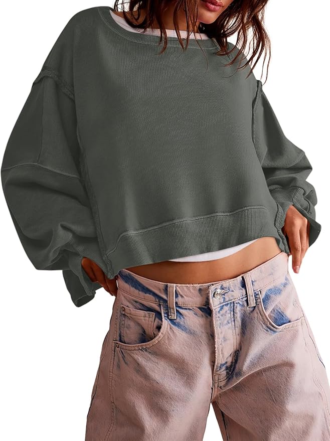 Zwurew Womens Casual Sweatshirt Cropped Shirts | Loose Fit, Tee Top, Pullover, Crop Hem, Design Trim, Daily Tops