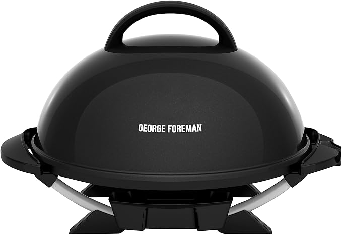 George Foreman Indoor/Outdoor Electric Grill with Stand, 15-Serving | 15-serving electric grill with removable stand, 5 heat settings and fat-removing slope for healthier grilling.