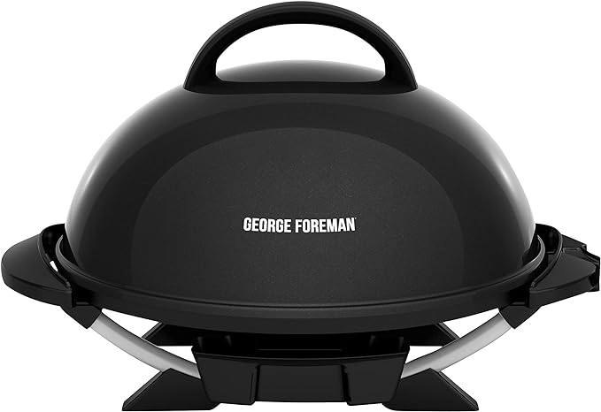 George Foreman Indoor/Outdoor Electric Grill with Stand, 15-Serving | 15-serving electric grill with removable stand, 5 heat settings and fat-removing slope for healthier grilling.