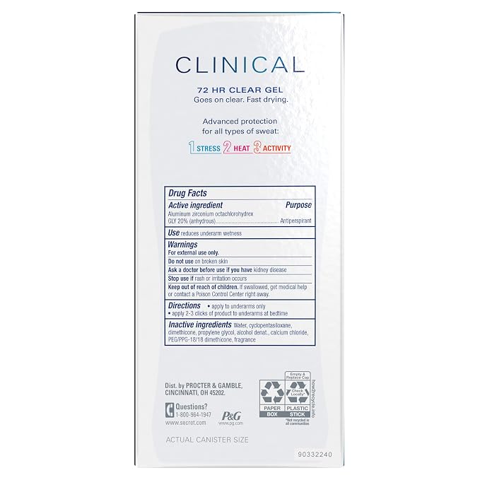 Secret Clinical Strength 100HR Sweat & Odor, Clear Gel Antiperspirant Deodorant for Women, 3X Stress Protection with Hyaluronic Acid, PH Balancing Minerals, Completely Clean Scent, 2.6 oz (Pack of 12)